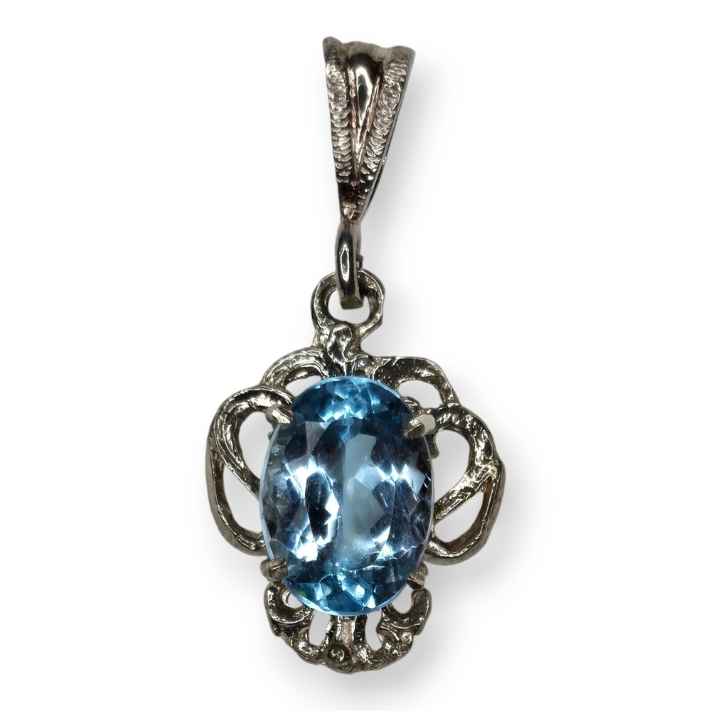 Vintage Pendant Sterling Silver 925 OS Blue Topaz Faceted Filigree Large Bail